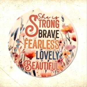 SHE IS STRONG CERAMIC CAR COASTERS.  HANDCRAFTED.  NEW